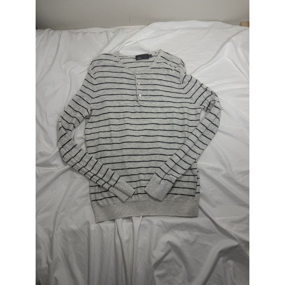 Vince Mens M Stripe Cotton Henley Gray Black Long Sleeve Shirt Preppy Minimalist